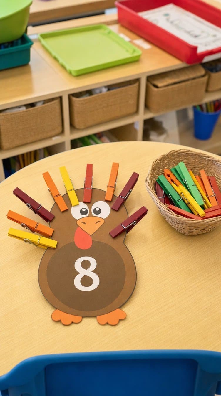 Paper turkey counting game with colorful clothespin feathers clipped around it