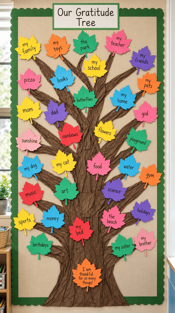 Classroom gratitude tree bulletin board with paper leaves listing what kids are thankful for