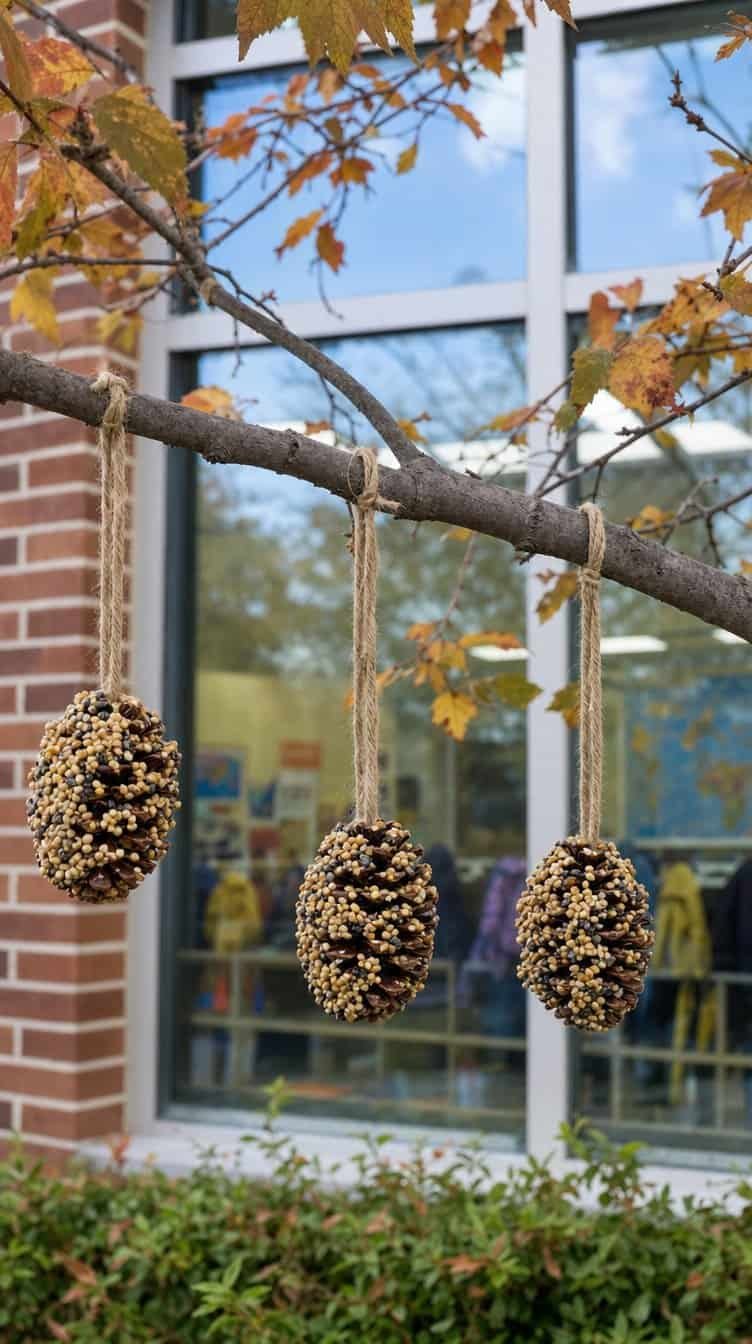 Pinecone bird feeders coated in birdseed hanging from yarn outside a classroom window