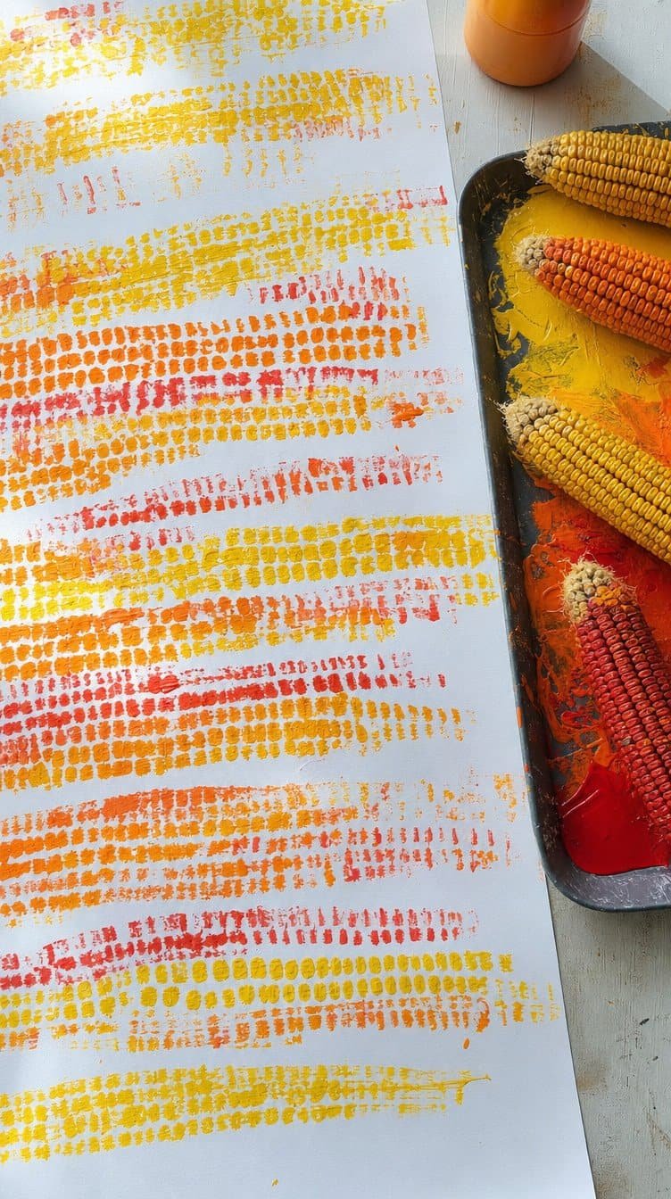 Corn cob painting with textured yellow, orange, and red prints on large paper