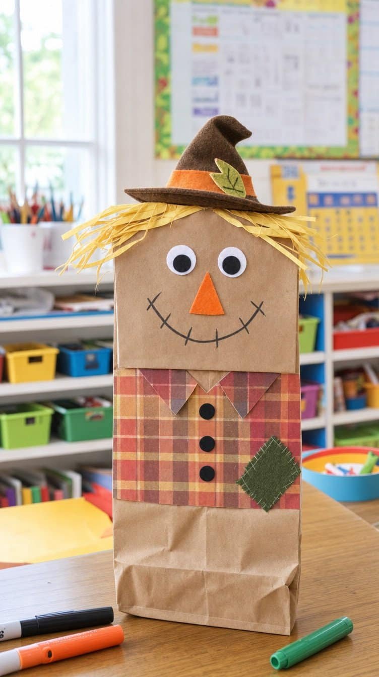 Paper bag scarecrow puppet with yellow paper straw hair and a felt hat