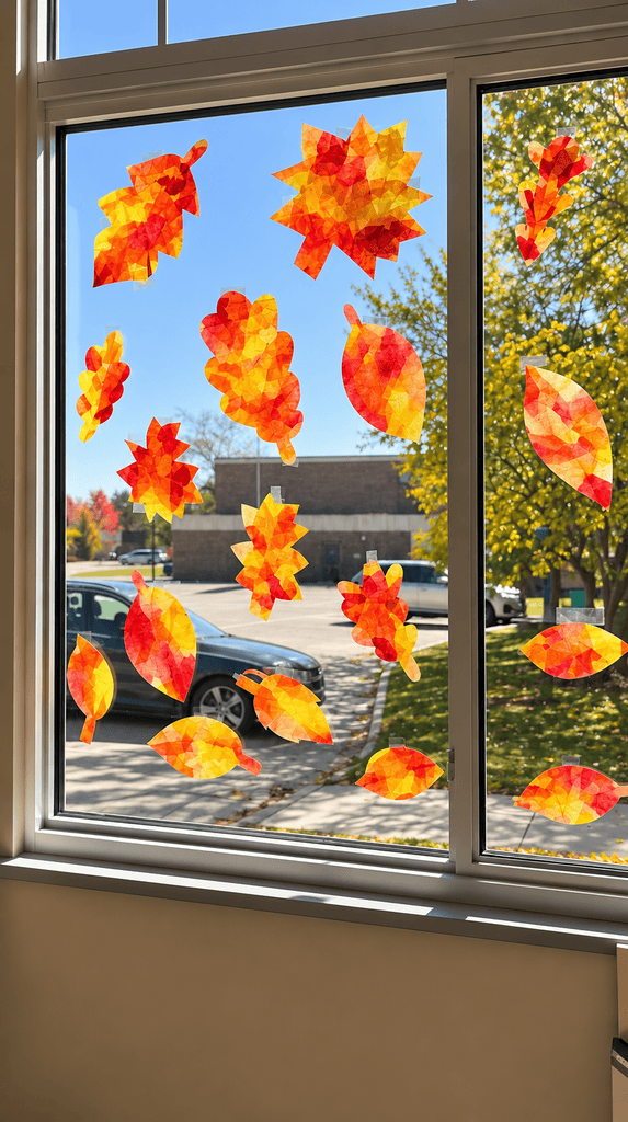 Marker colored coffee filter leaves glowing like stained glass on a classroom window