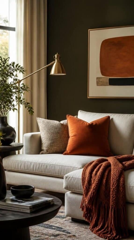 Styled modern living room corner with persimmon accent pillow and rust throw blanket