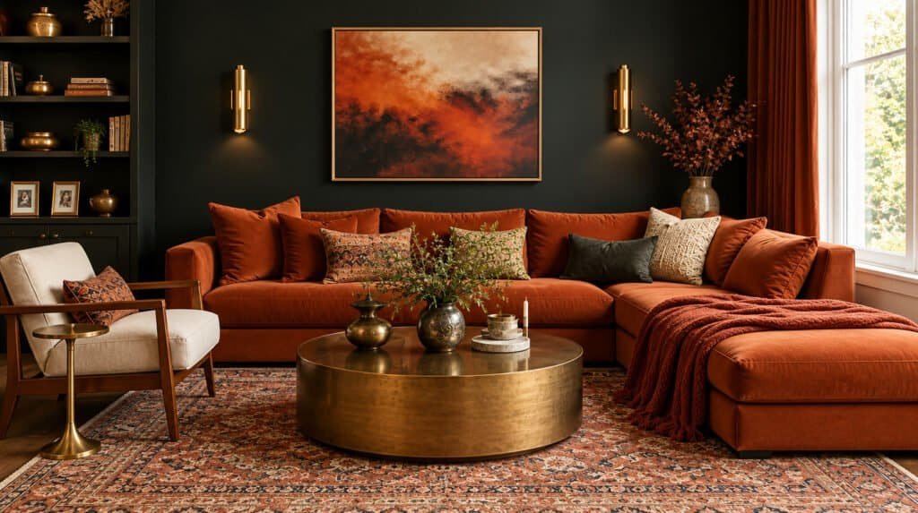 Modern living room styled with persimmon and rust color palette and brass accents
