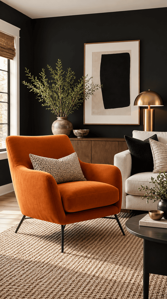 Living room with charcoal accent wall and persimmon colored accent chair