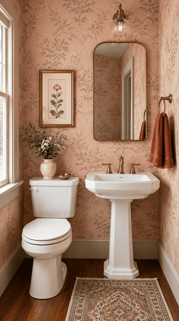Small powder room with blush pink wallpaper and rust colored hand towels