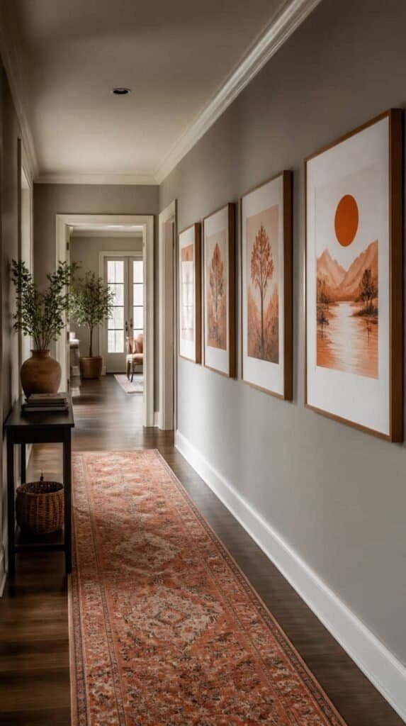 Hallway with warm gray walls and a persimmon runner rug