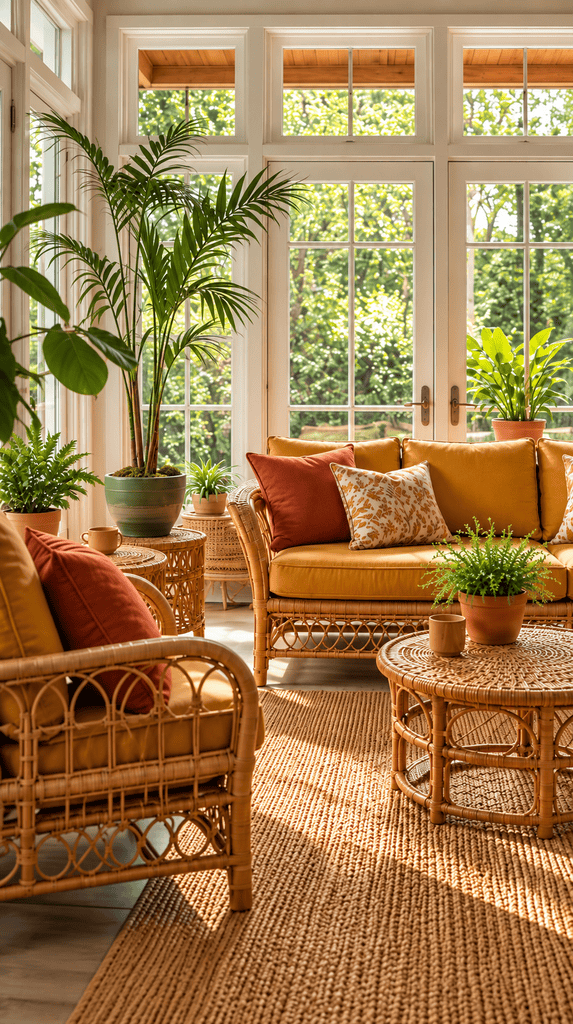 Sunroom with mustard yellow and rust colored cushions on woven rattan furniture