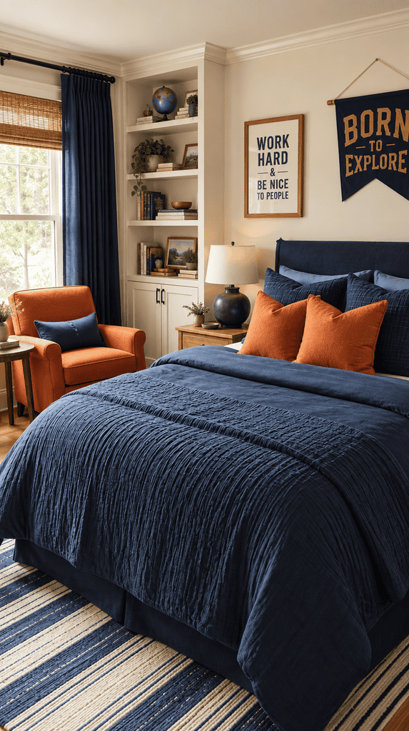 Kids bedroom with denim blue bedding and persimmon accent pillows