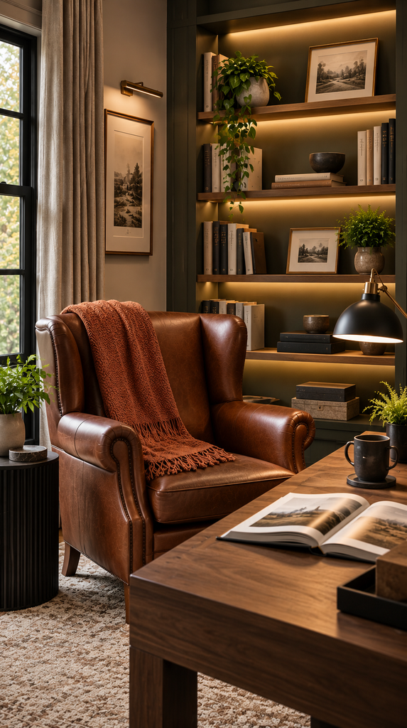Study room with chocolate brown leather chair and a rust colored throw blanket