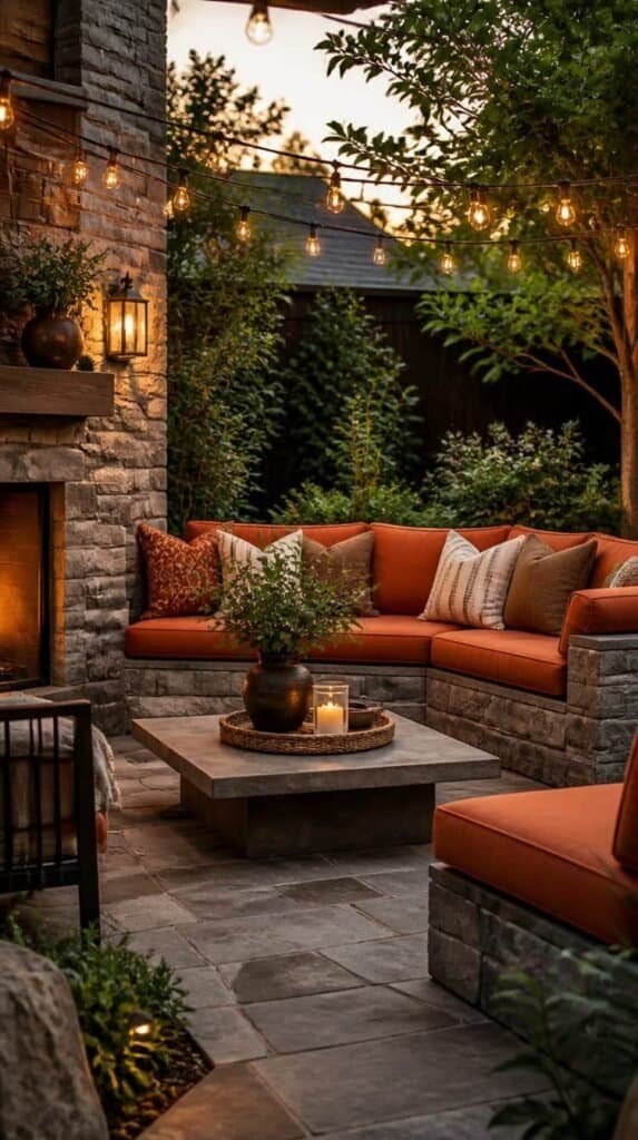Outdoor patio with stone gray furniture and persimmon colored outdoor cushions