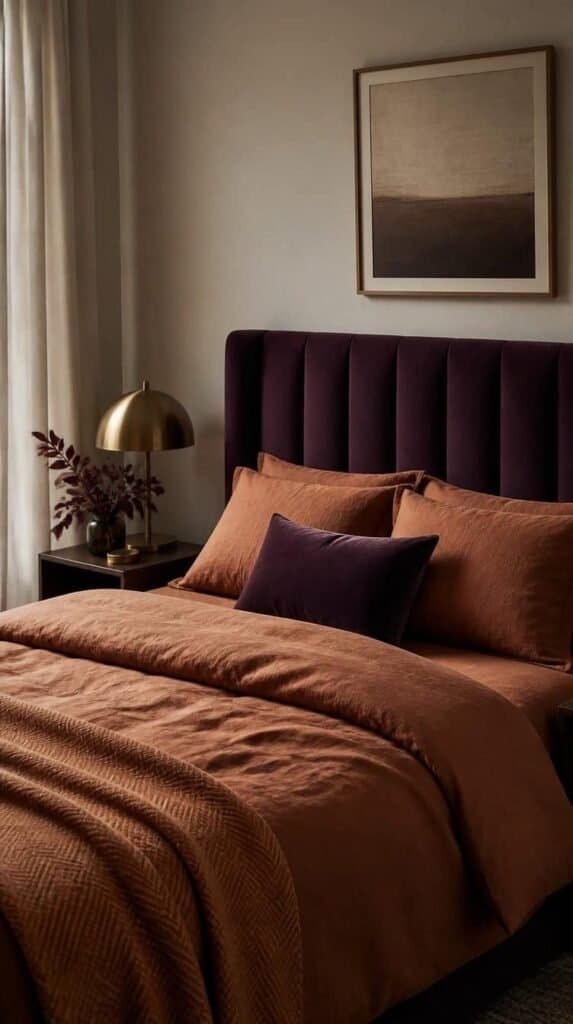 Bedroom with a plum velvet headboard and rust colored bedding