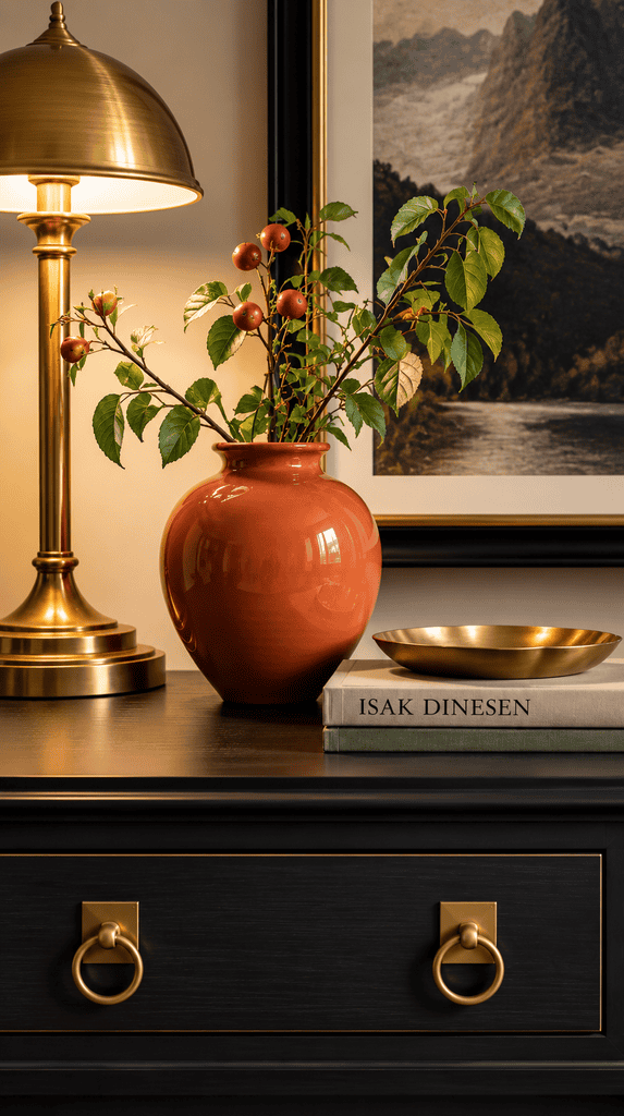 Styled vignette of brass table lamp and a persimmon ceramic vase