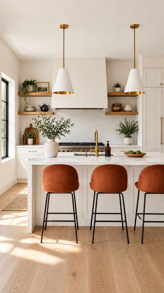 All white modern kitchen with rust colored bar stools and wood floating shelves