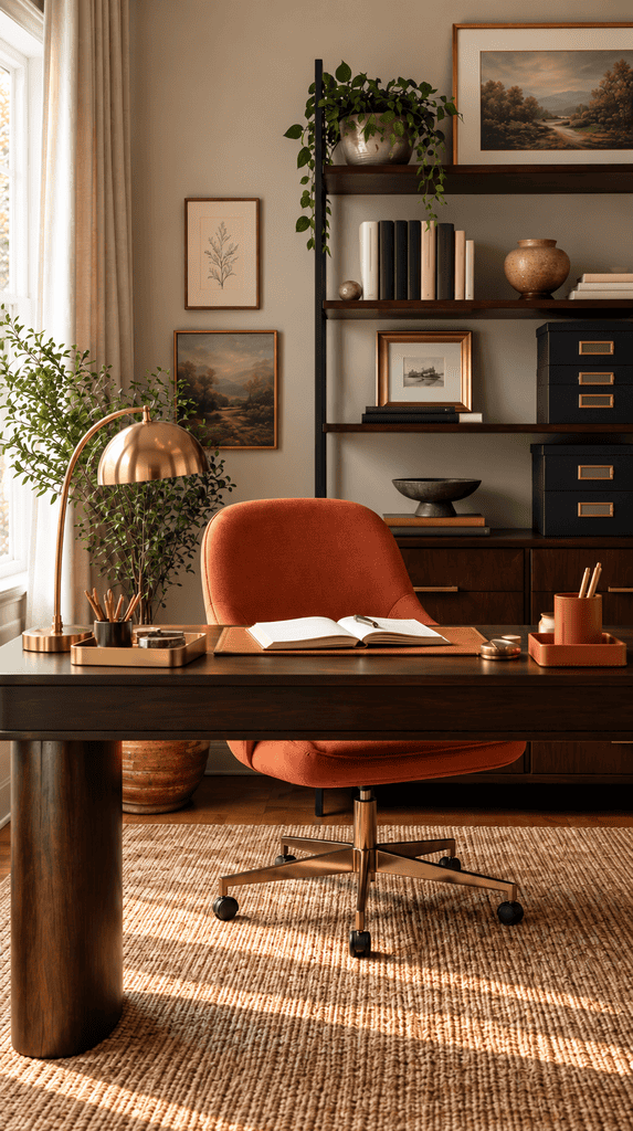 Home office with a rust colored desk chair and camel leather desk accessories