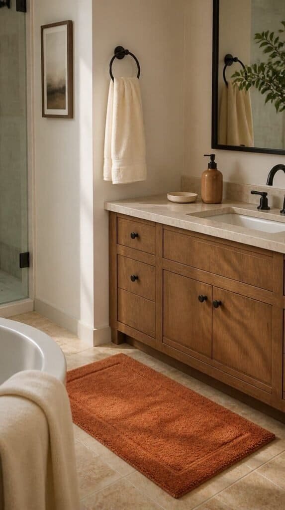 Bathroom with ivory towels and a persimmon bath mat