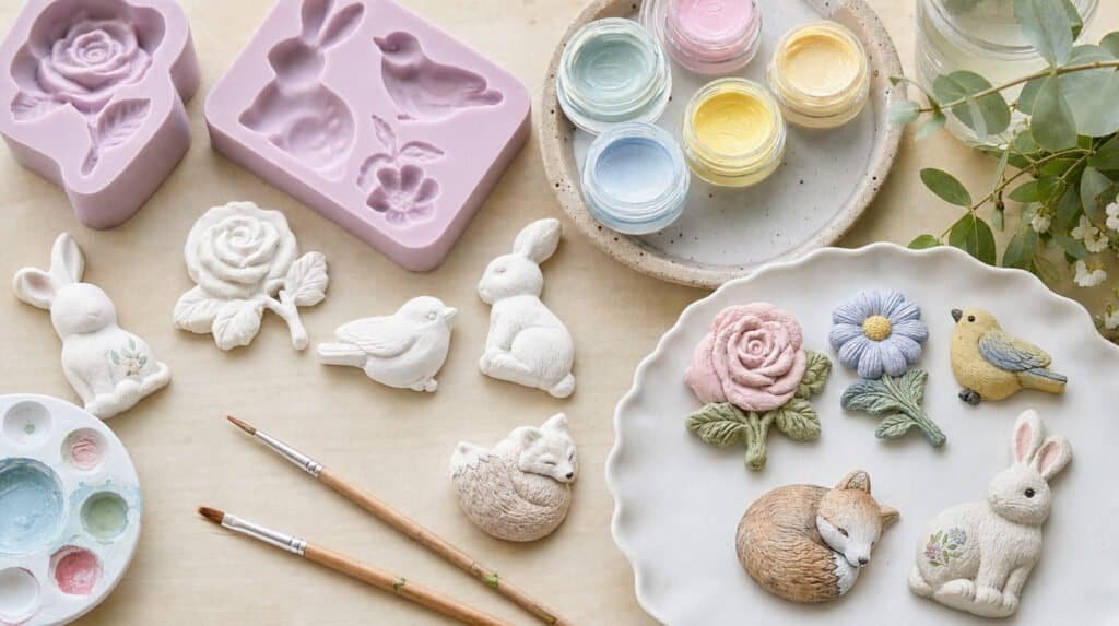 Painted plaster animals and flowers beside silicone molds, paint pots, and brushes on a bright table