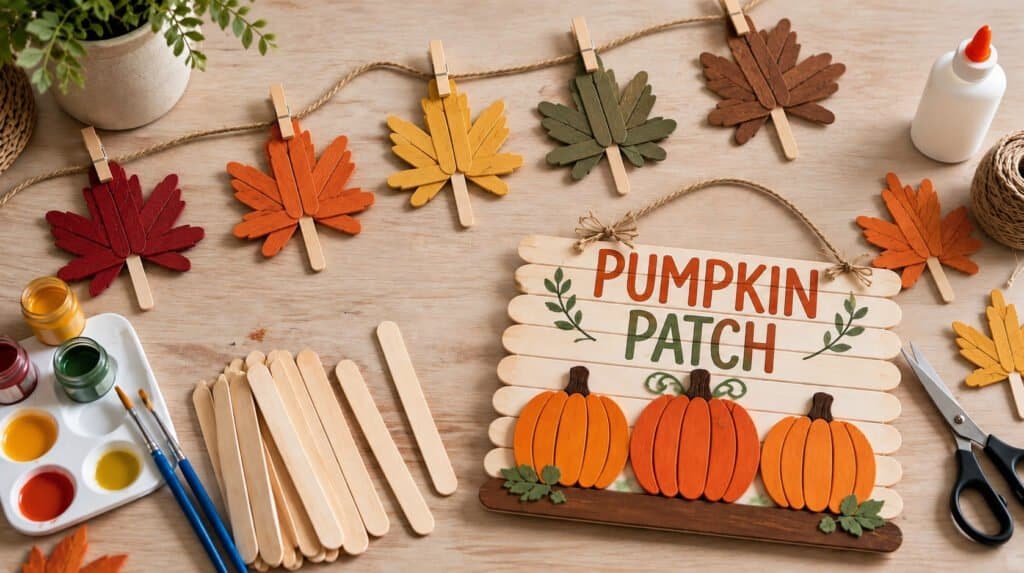 Craft table styled with popsicle stick fall crafts and supplies