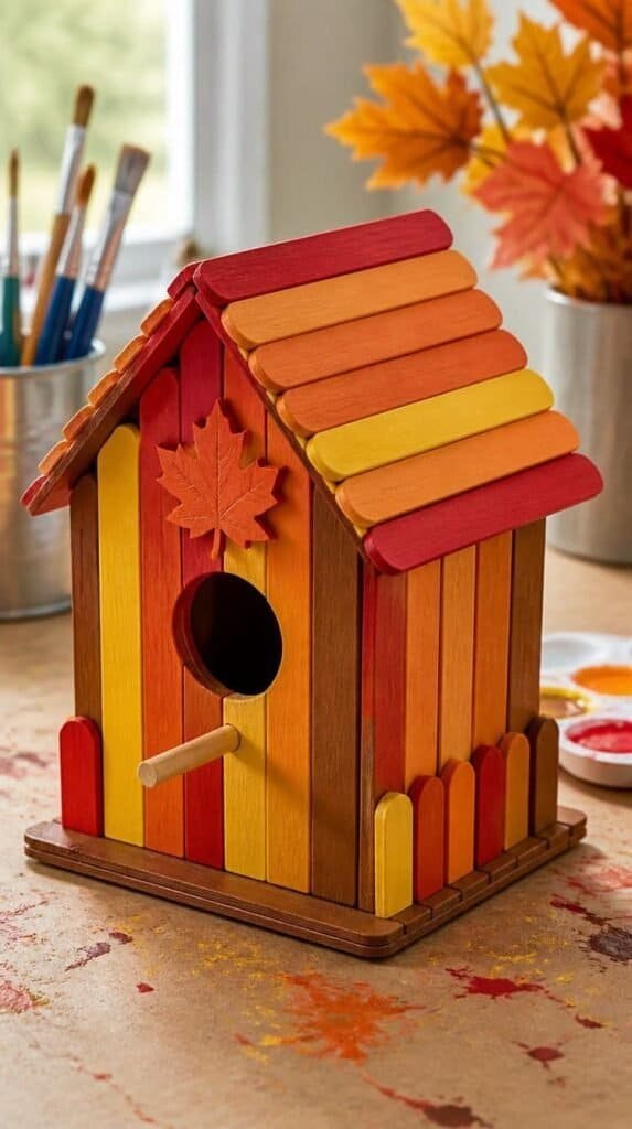 Popsicle stick birdhouse craft painted in fall colors