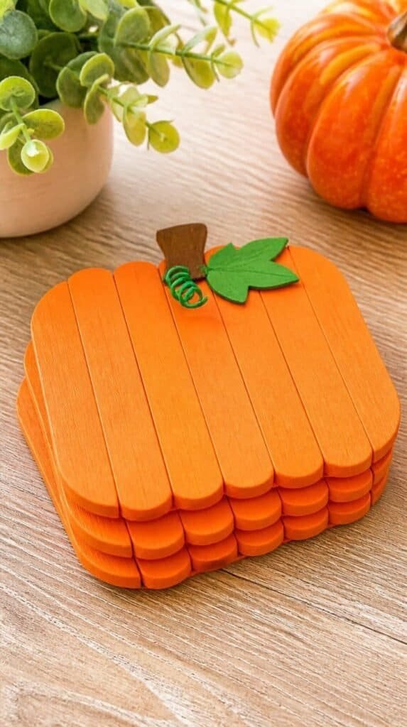 Set of four popsicle stick pumpkin coasters painted orange