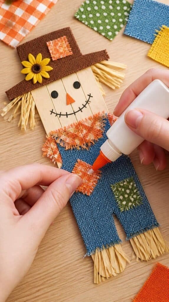 Hands gluing fabric scraps onto a popsicle stick scarecrow craft