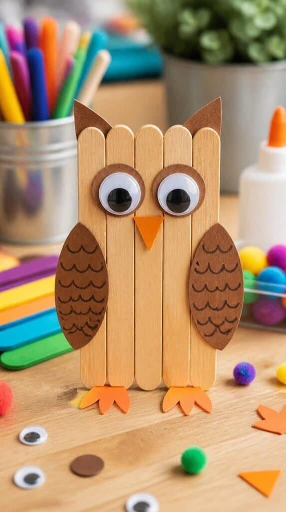 Popsicle stick owl craft with googly eyes and orange beak