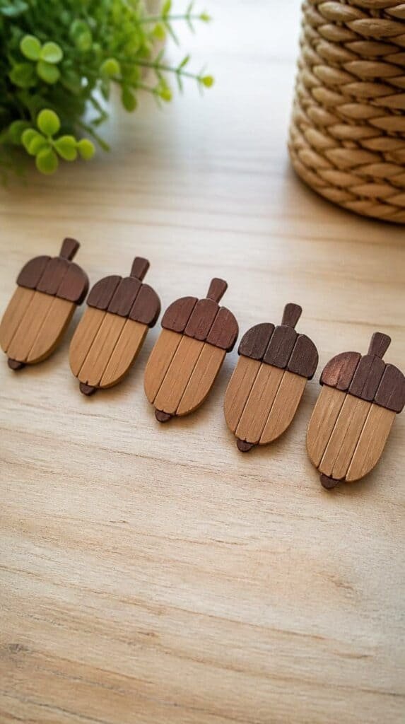 Popsicle stick acorn magnets painted brown and tan.
