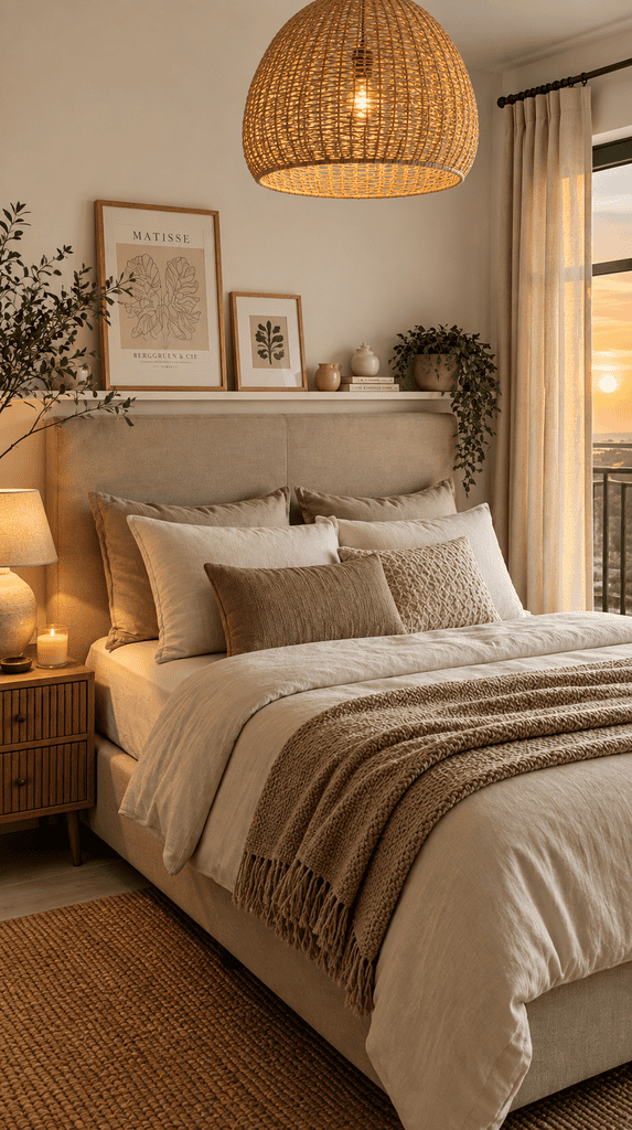 Cozy rental bedroom corner finished with rental-friendly DIYs like a fabric headboard and picture ledge