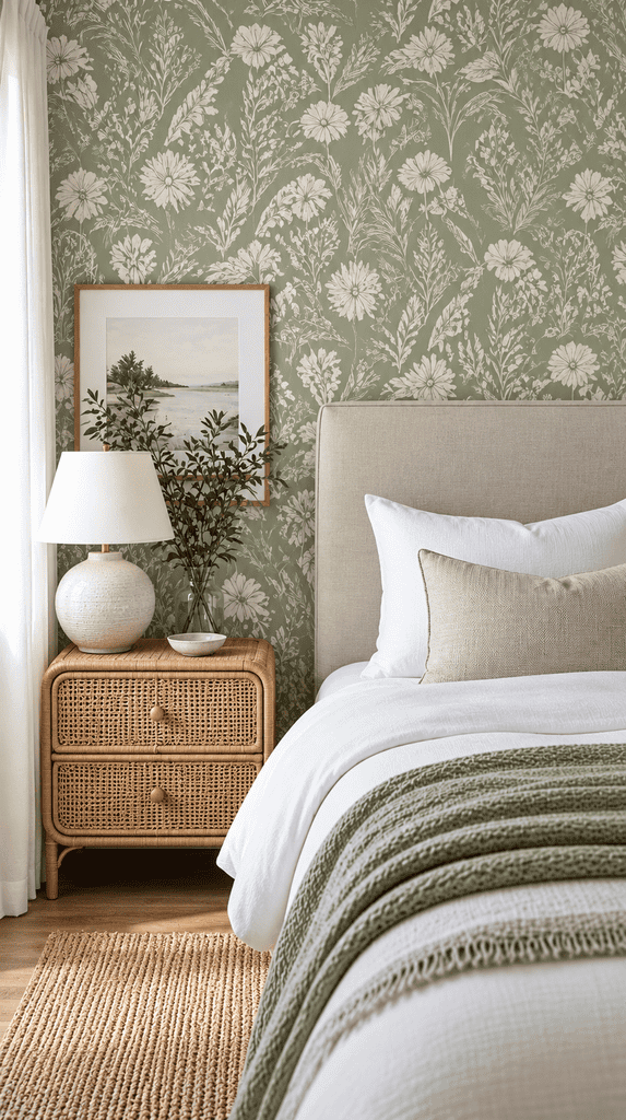 Botanical peel-and-stick wallpaper accent wall behind a bed, a renter-friendly DIY bedroom upgrade