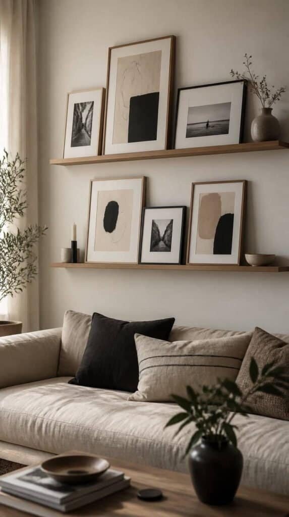 Oak picture ledges with layered framed art, a damage-free gallery wall idea for renters