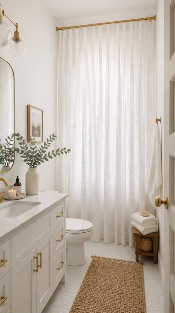 Extra-long waffle weave shower curtain hung high in a rental bathroom to add height