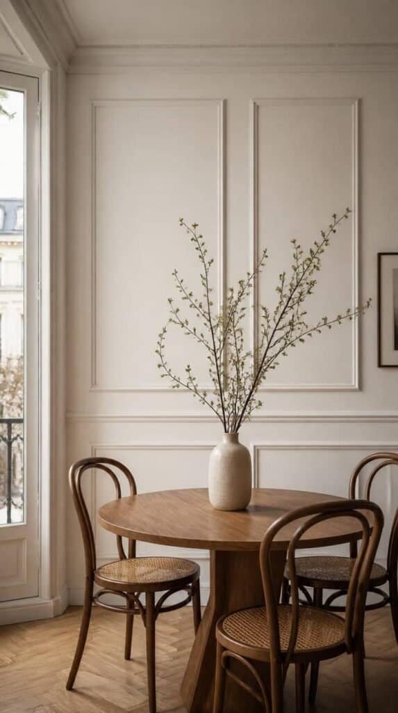 White picture frame molding on a dining nook wall, a removable renter-friendly architectural DIY