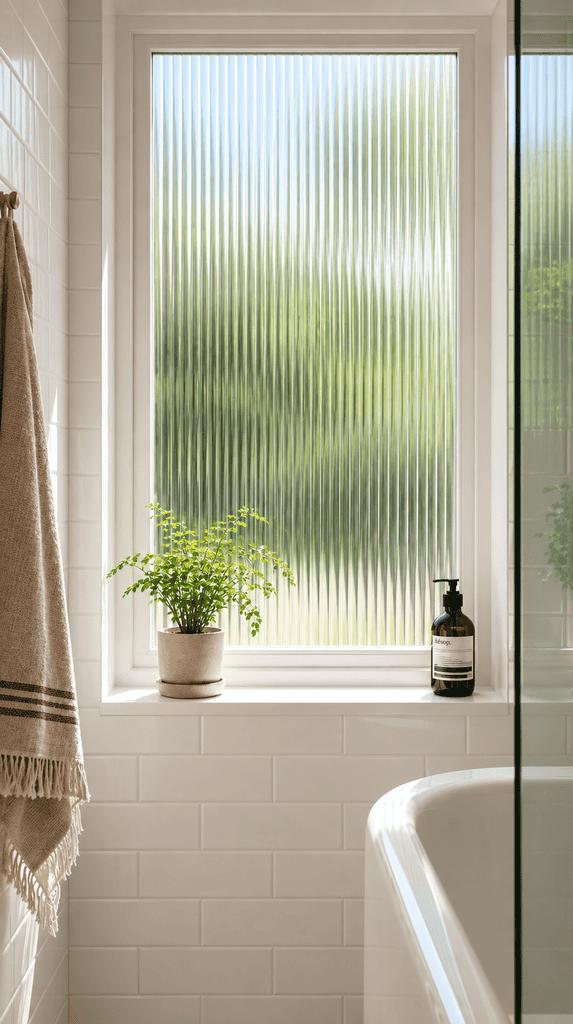 Fluted privacy window film on a rental bathroom window, a removable renter-friendly DIY