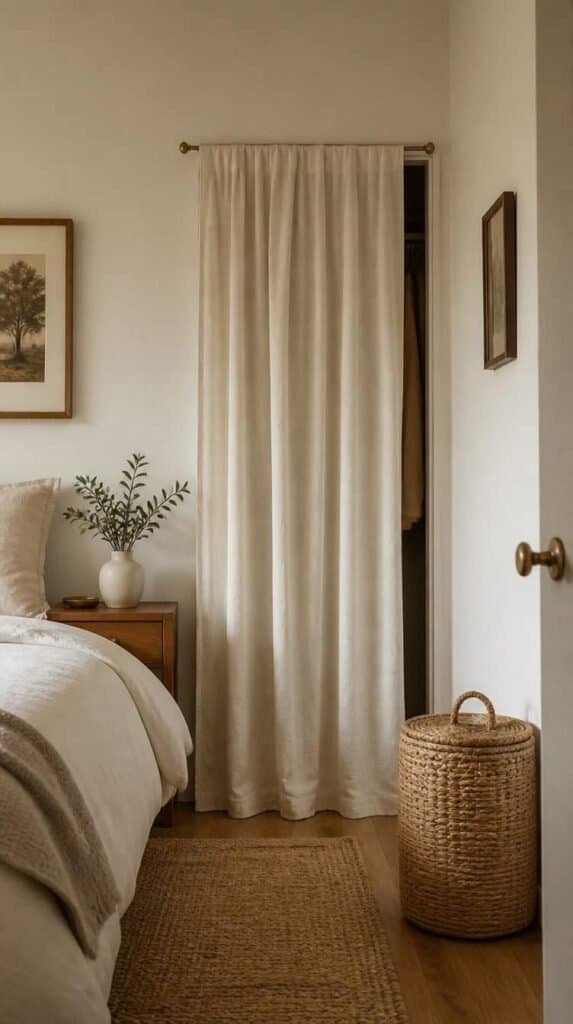 Linen curtain replacing a closet door in a small bedroom, a simple renter-friendly DIY swap