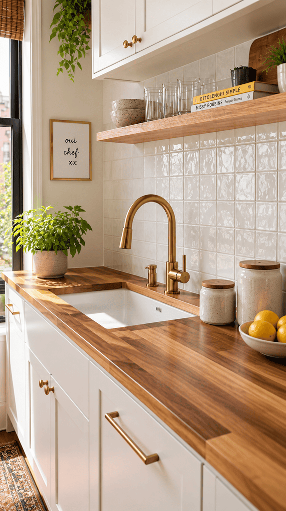 Glossy peel-and-stick tile backsplash in a small rental kitchen with butcher block counter