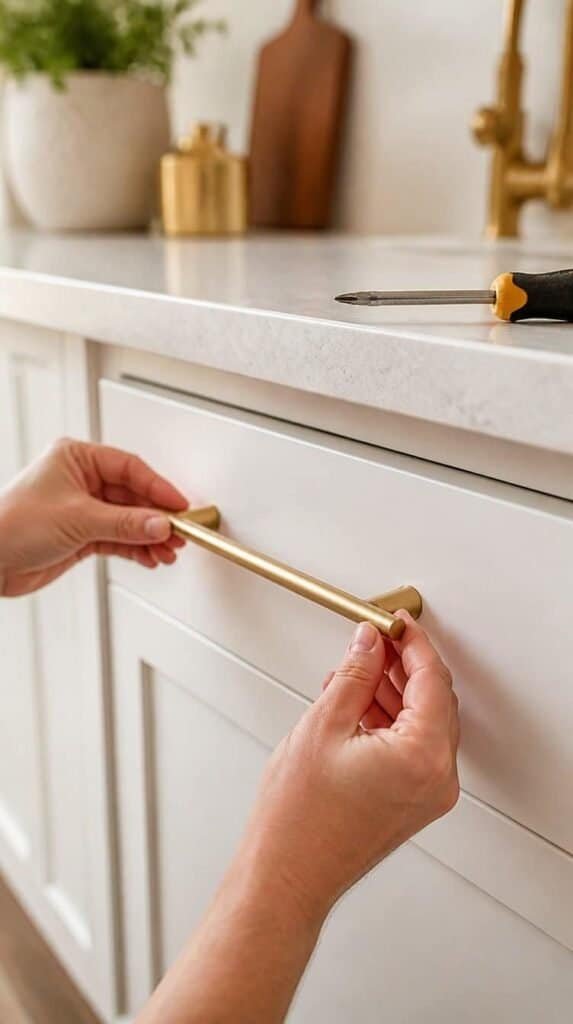 Hands installing brushed brass cabinet pulls, an easy renter-friendly kitchen hardware swap