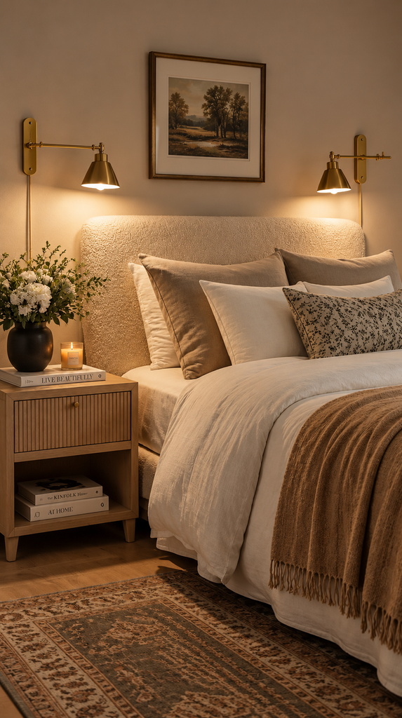 Brass plug-in wall sconces beside a bed, a no-hardwire rental-friendly lighting DIY