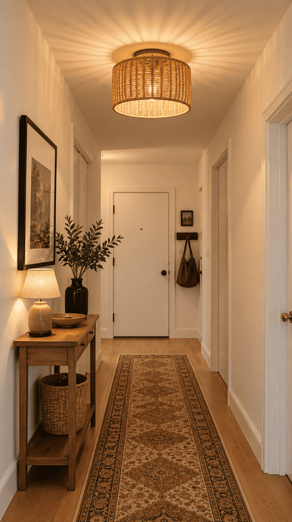 Rattan drum shade covering a flush mount light in a rental hallway, a renter-friendly lighting fix