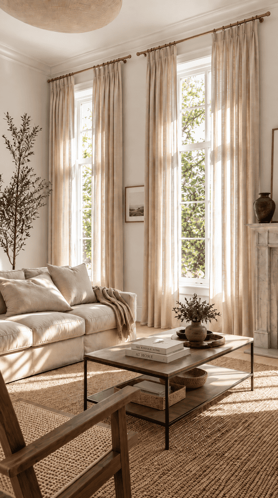 Floor-length linen curtains hung near the ceiling in a rental living room with no-drill hardware