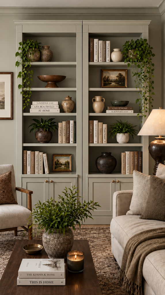 Faux built-in bookcase made from freestanding shelves, a rental-friendly DIY for custom storage