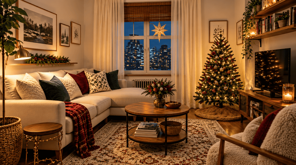 Finished small apartment living room fully styled for Christmas with cozy warm lighting