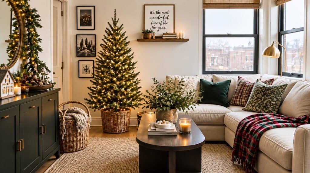 Small apartment living room styled for Christmas with a mini tree and warm string lights
