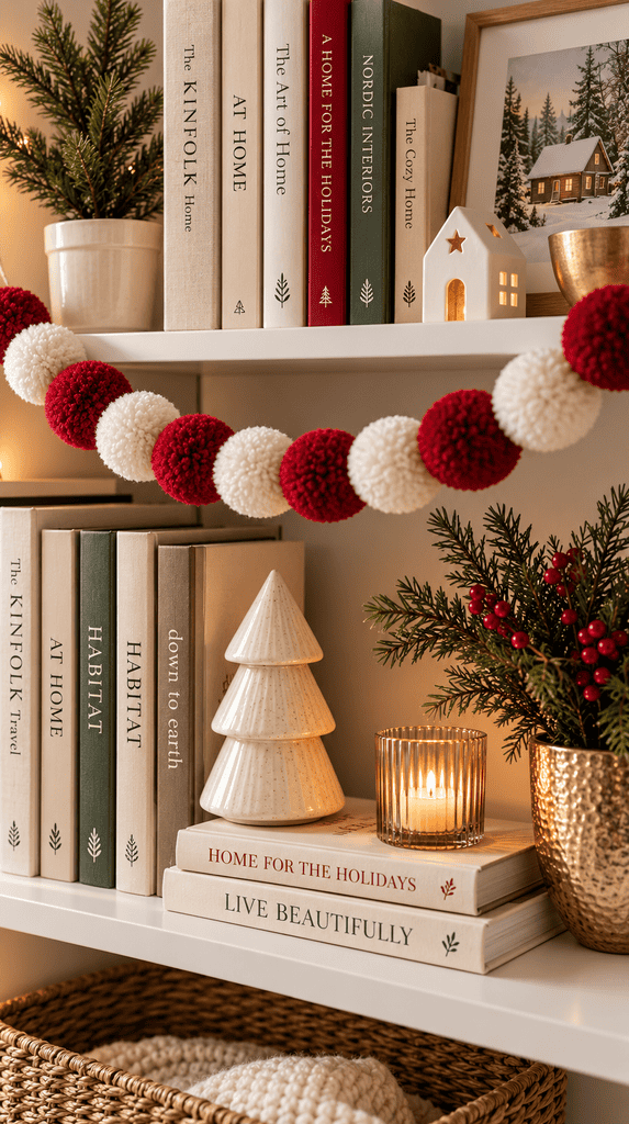 Red and white pom-pom garland draped along a bookshelf edge