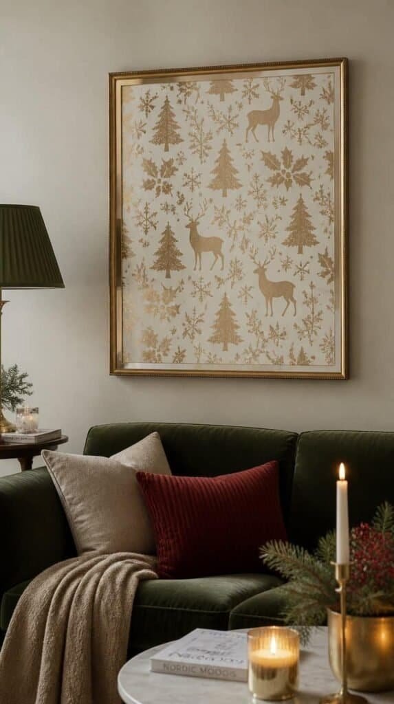 Festive wrapping paper framed and hung as temporary wall art in an apartment