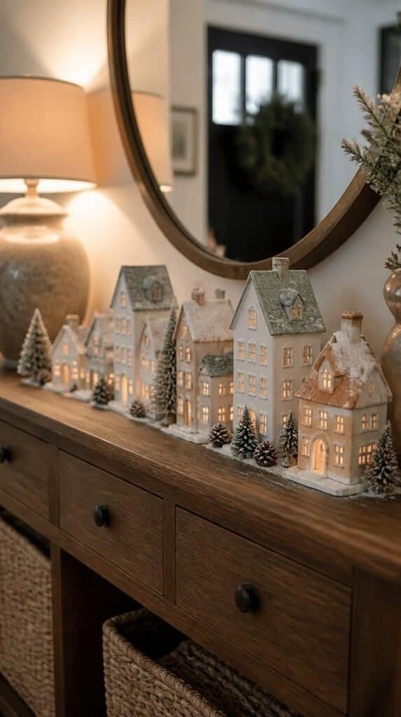 Small ceramic Christmas village houses arranged on an entryway console table