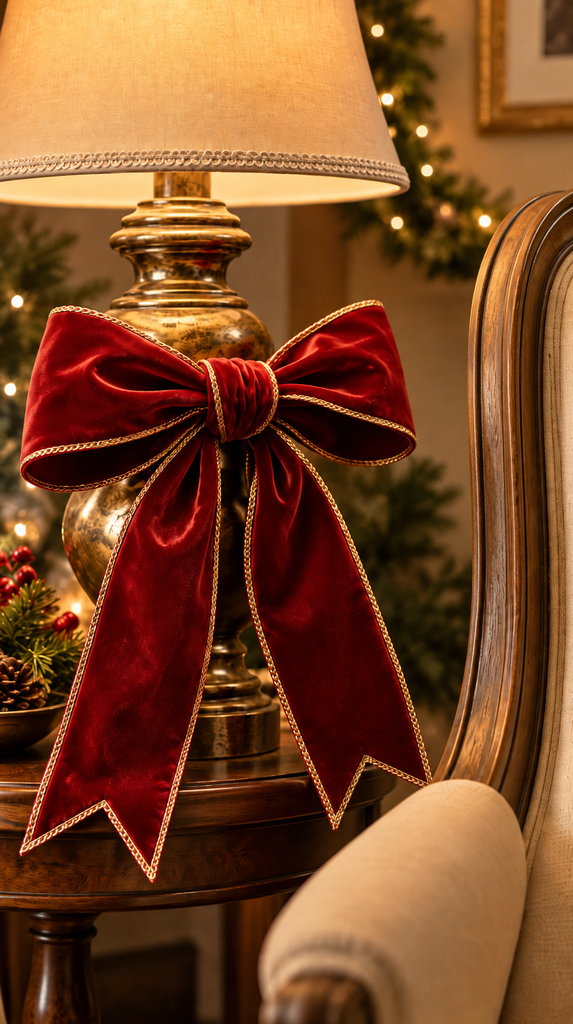 Red velvet ribbon tied in a bow around a lamp base and chair arm