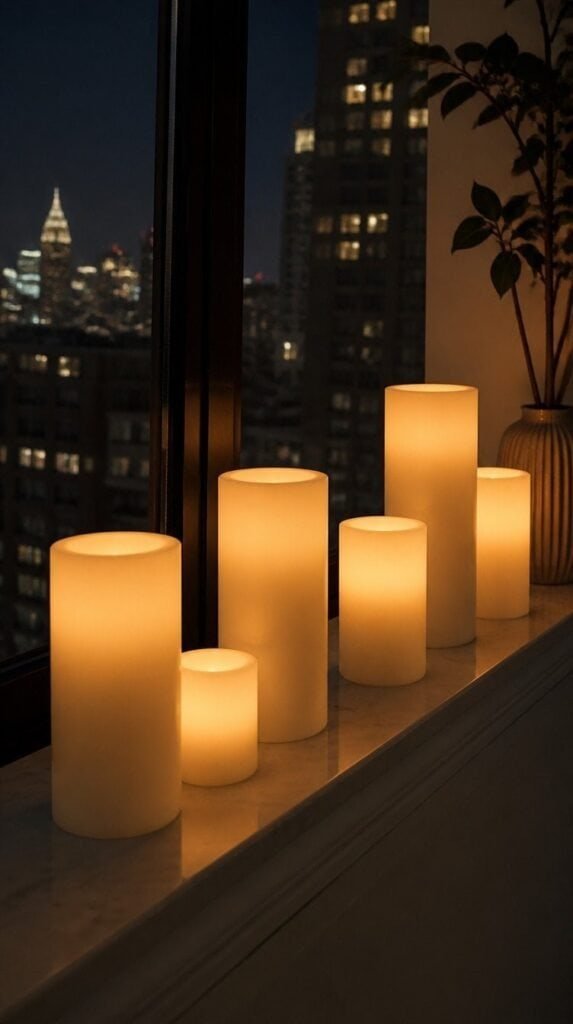 Row of flameless pillar candles glowing on an apartment windowsill at night