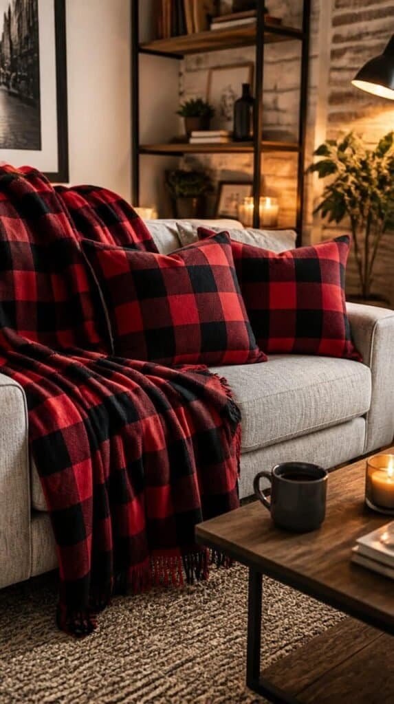Plaid throw blanket and matching pillows styled on a small apartment sofa