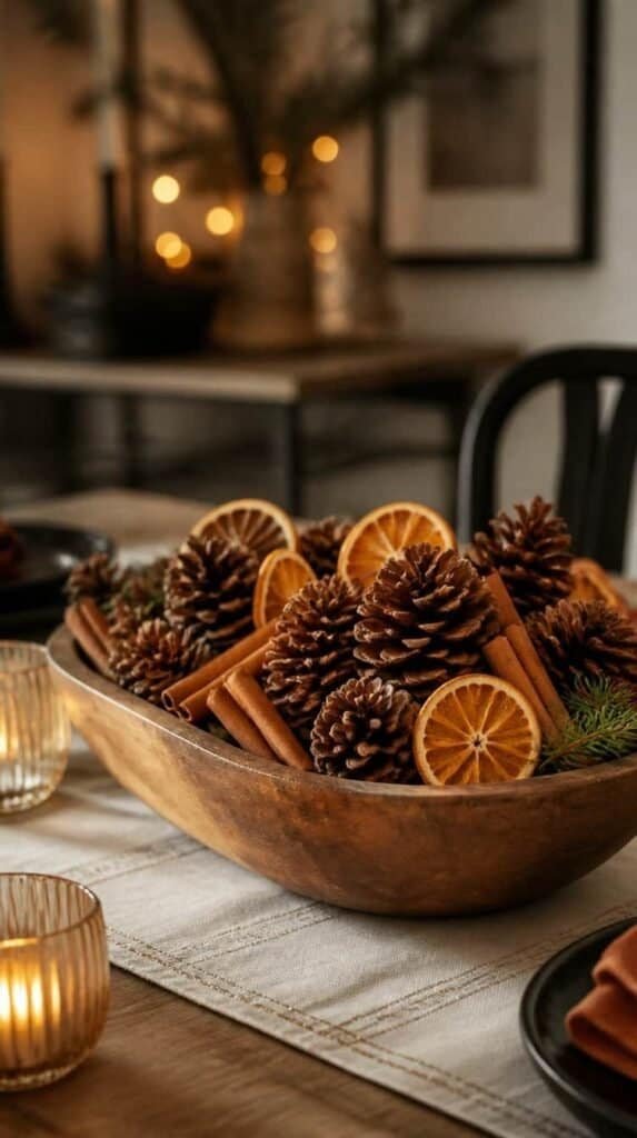 Wooden bowl filled with pinecones and cinnamon sticks on a small dining table