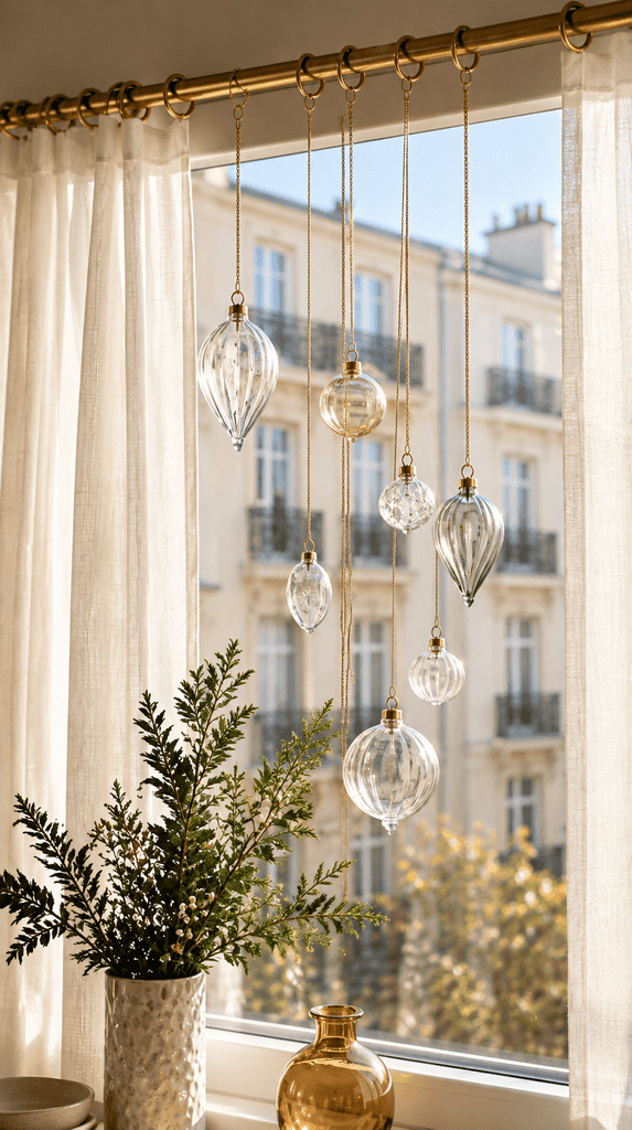 Ornaments hanging at different lengths from a curtain rod above an apartment window